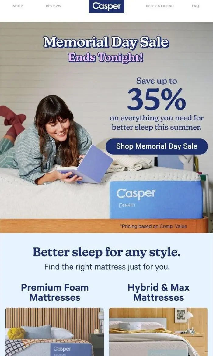 Casper: Up to 35% savings ends tonight.*