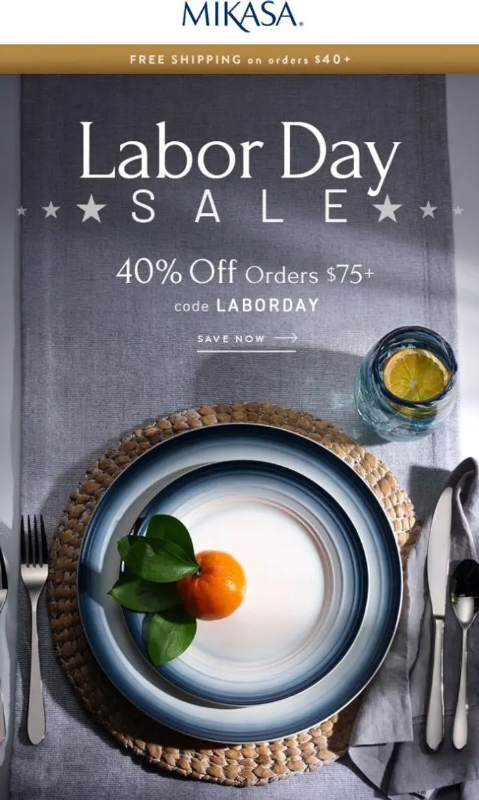 Mikasa: Labor Day Savings Start Now: 40% Off $75+