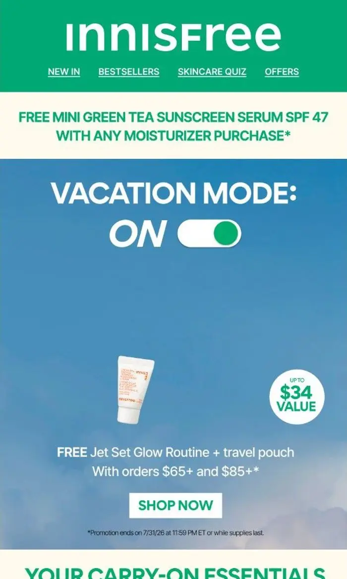innisfree: FREE 5-Piece Travel Kit With Orders $65+