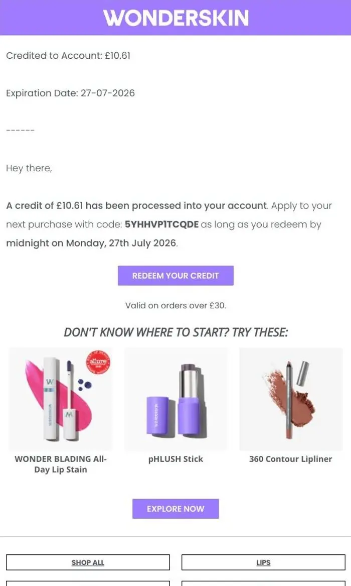 Wonderskin: Your credit has been processed