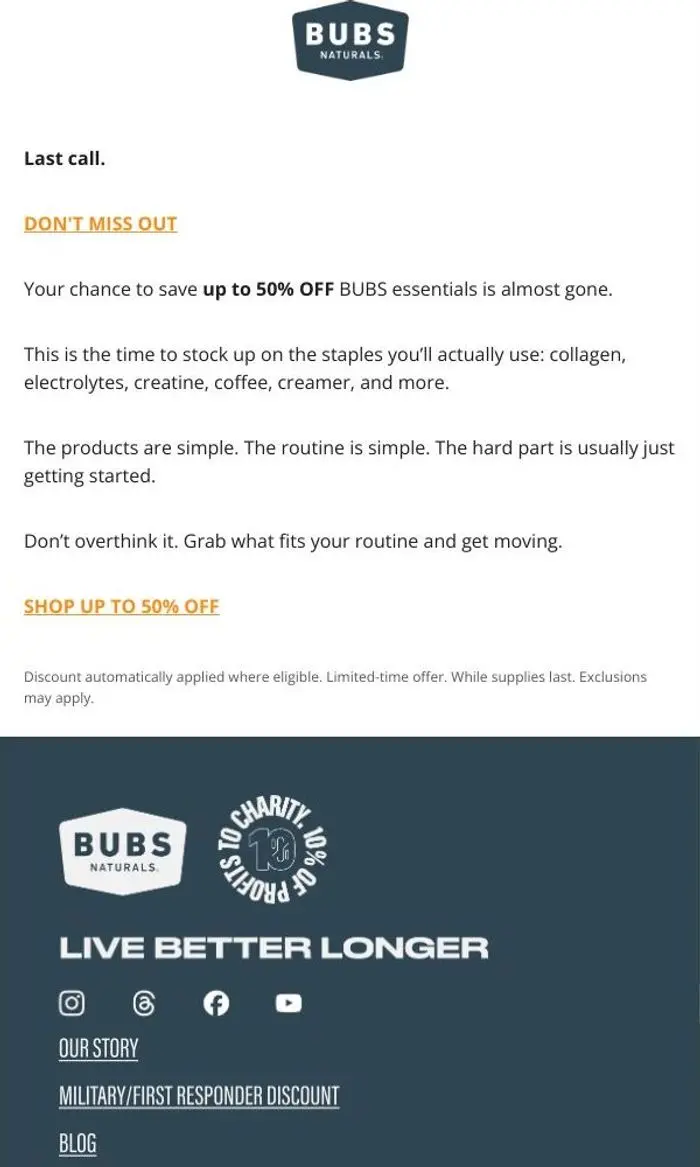 BUBS Naturals: Last chance for up to 50% off