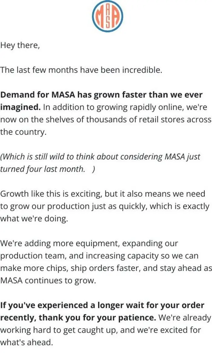 MASA Chips: Growing pains (and GOOD news)